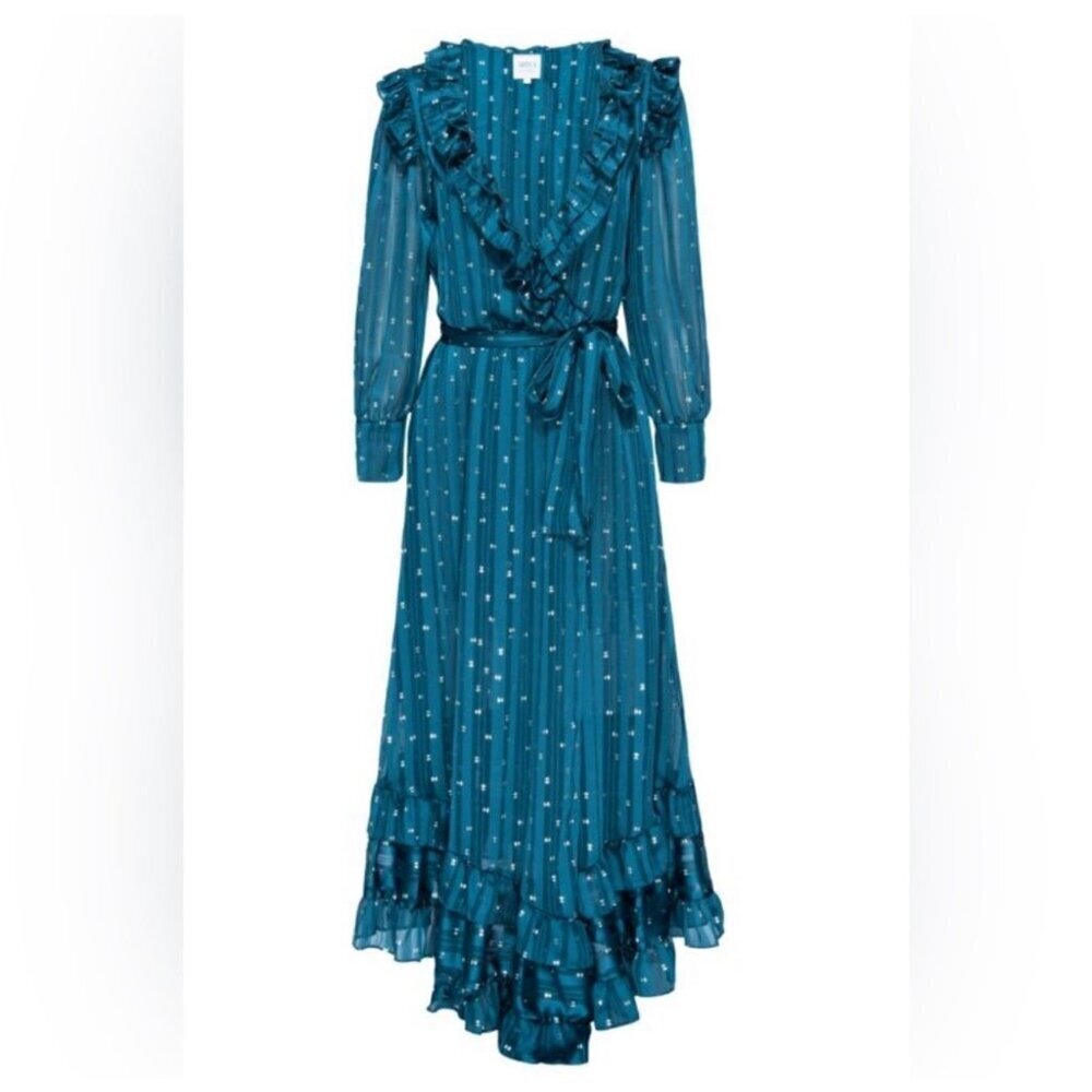 MISA LOS ANGELES Midi Dress Teal Blue Wrap‎ Style Gabriella Size S Fits M